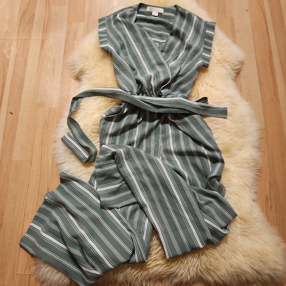 Monteau Green and White Striped Jumpsuit with Tie Waist